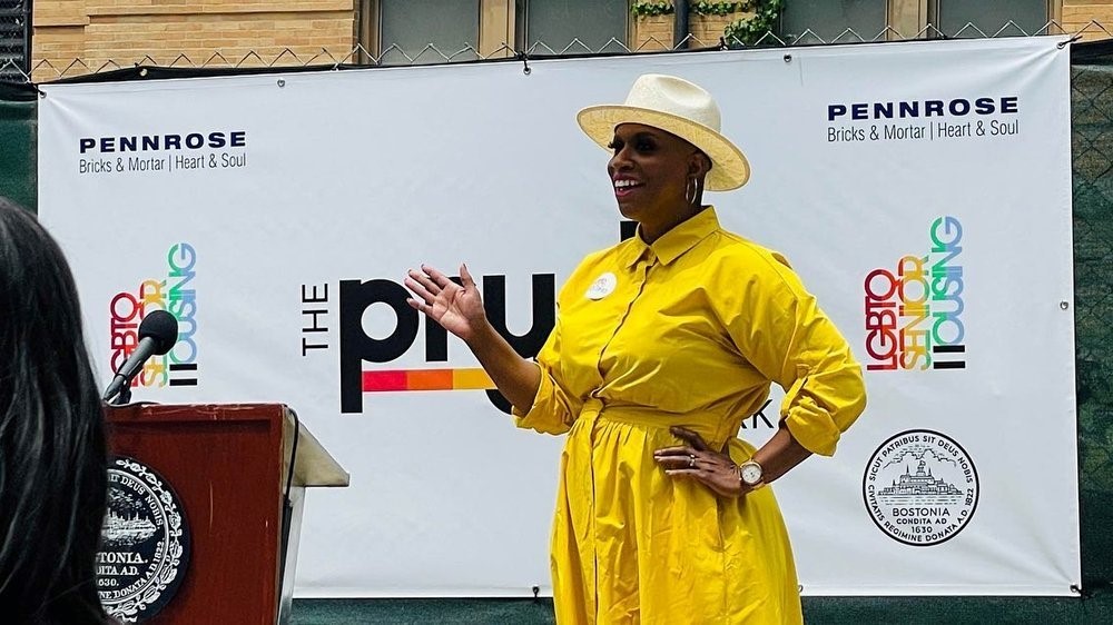 US Representative Ayanna Pressley speaking at the groundbreaking ceremony